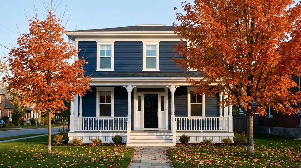 A navy two-storey house with white trim in autumn
