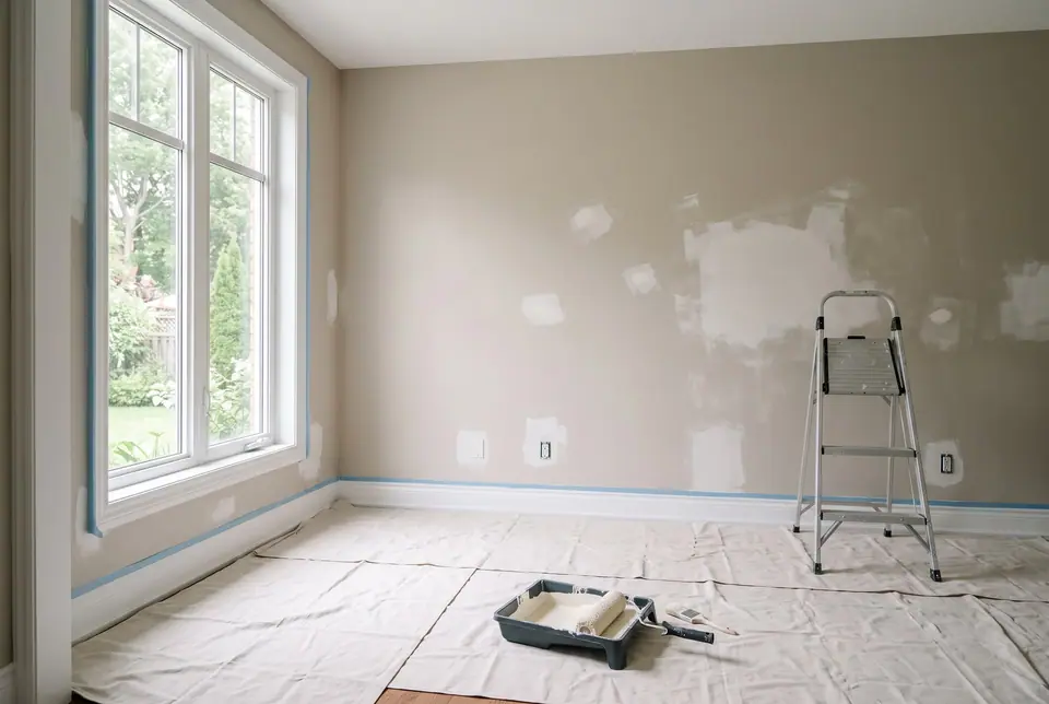 A room prepared for painting with tape, drop cloths and a ladder